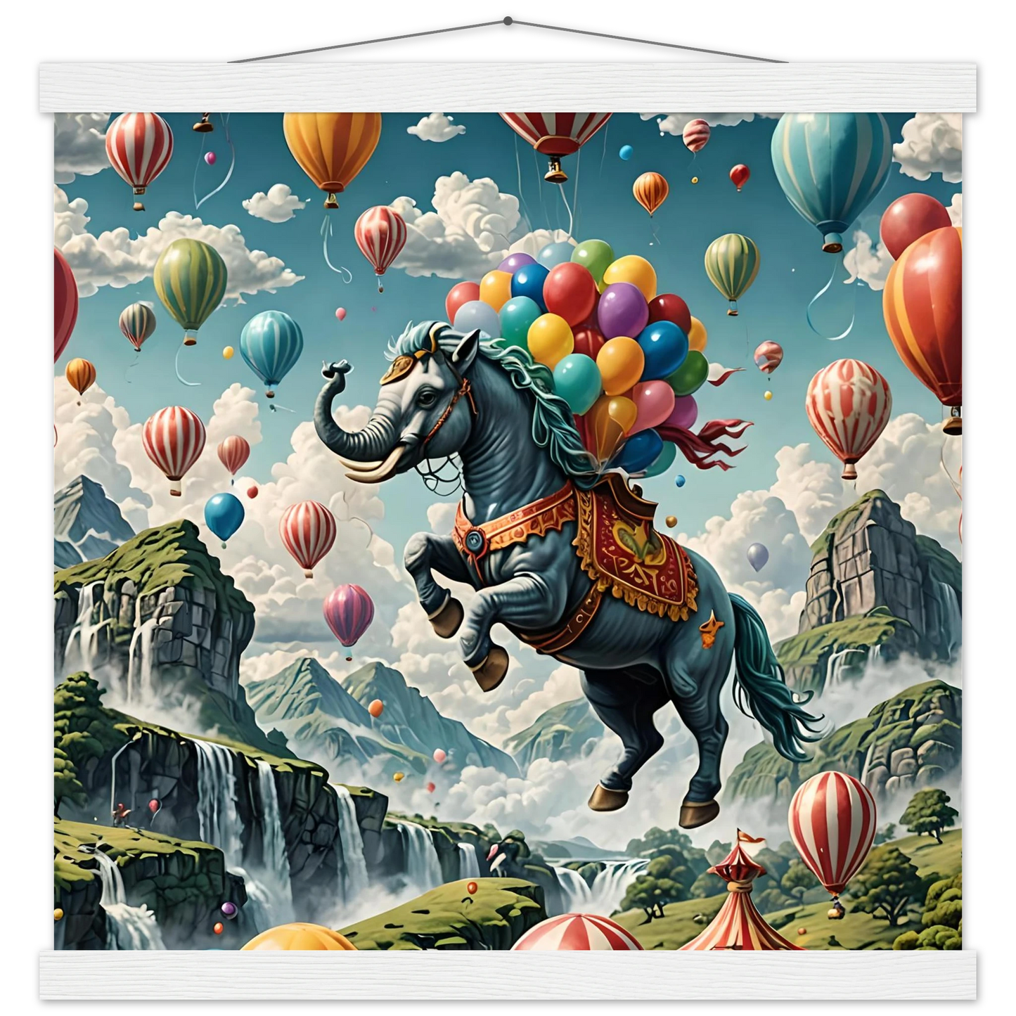 Fantasy horse-elephant hybrid with colorful balloons on Skybound Majesty poster