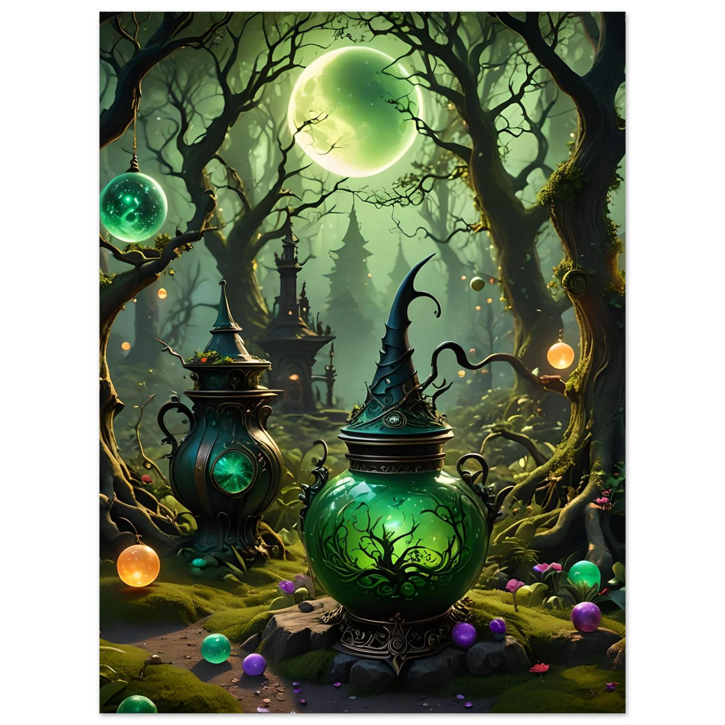 Glowing green witch’s brew pot from Witchcraft Forest Fine Art Poster PixiOnyx Exclusive