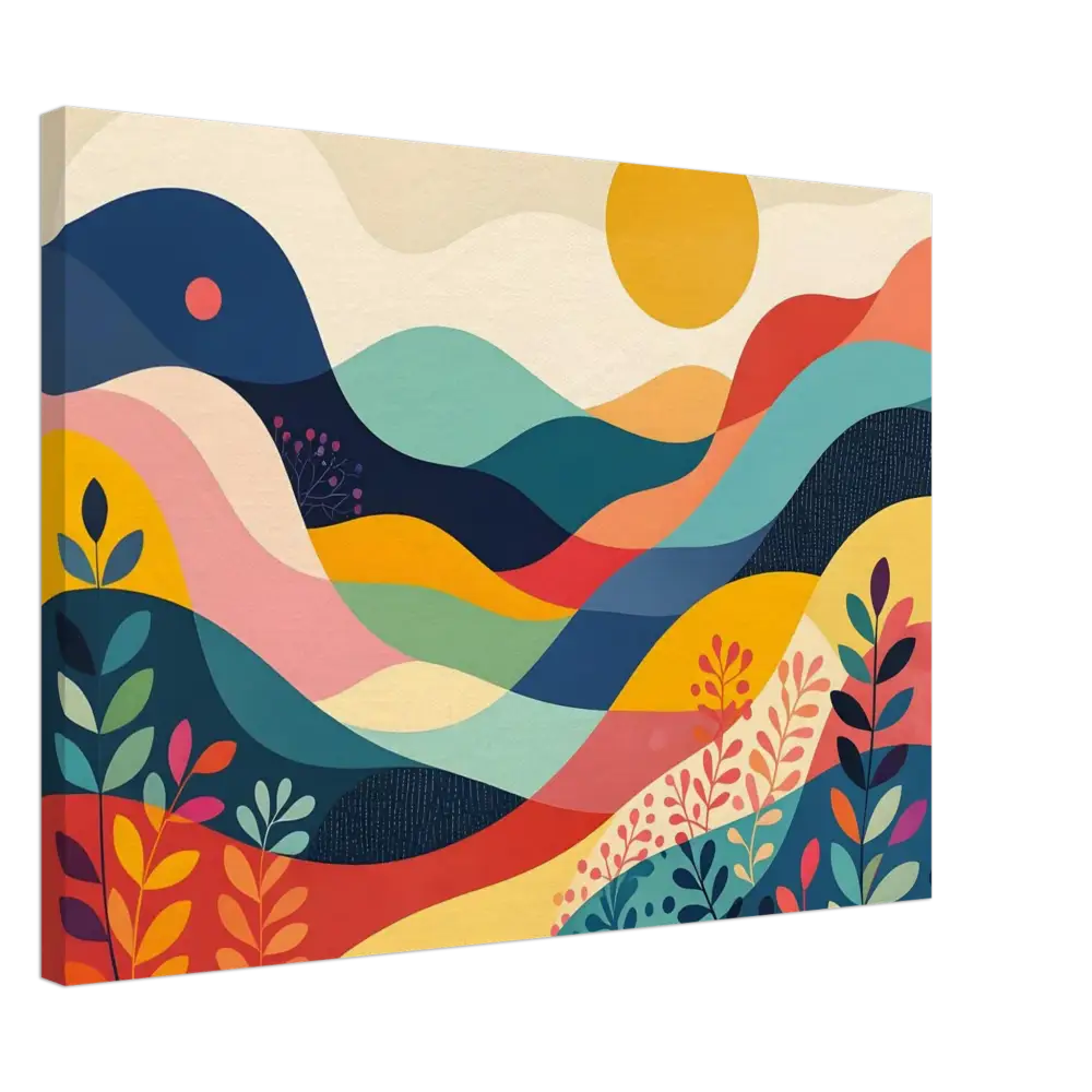 Colorful abstract landscape painting on PixiOnyx Dreamscape Canvas displayed as product