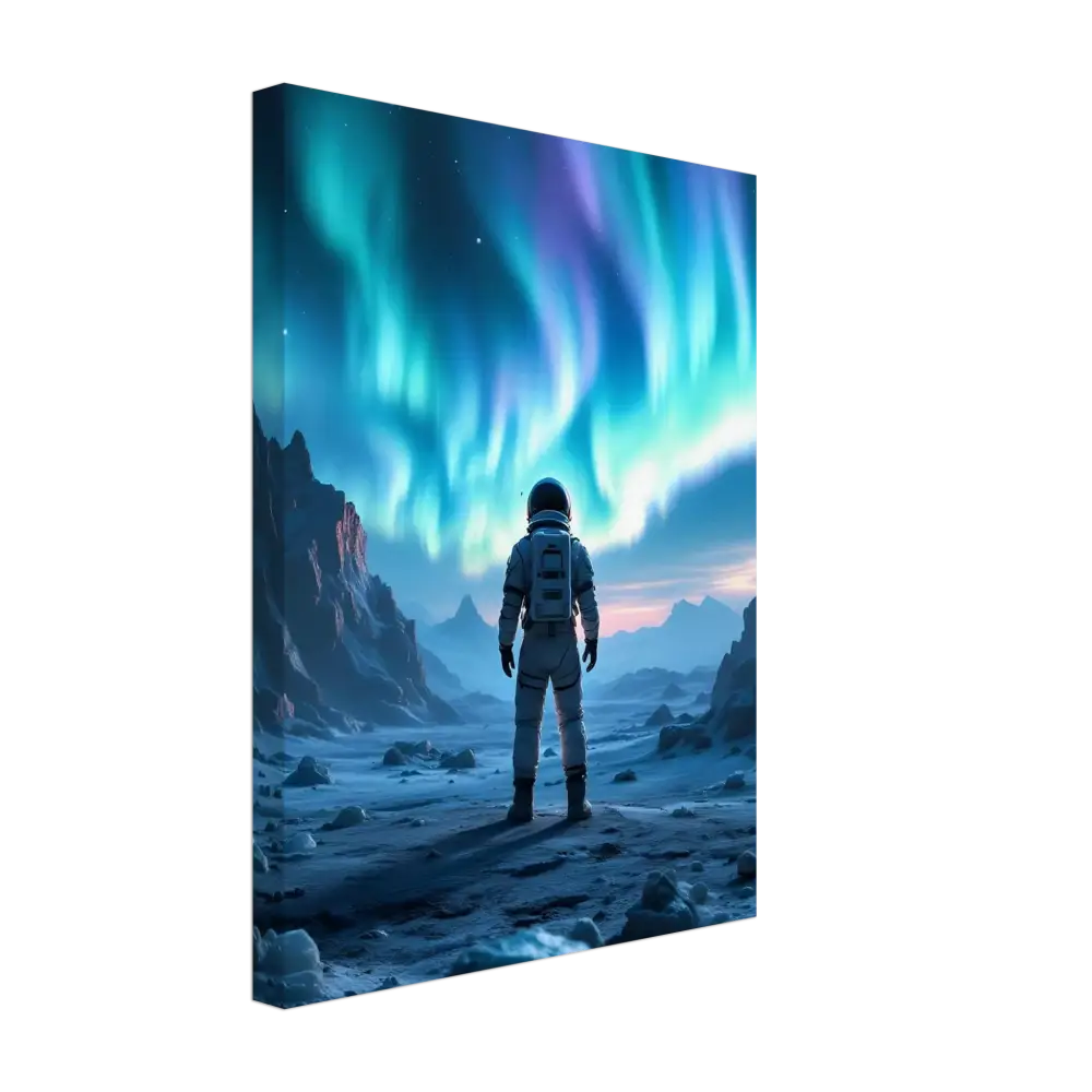 Astronaut under Aurora Borealis Canvas Print from PixiOnyx Frozen Orbit Edition