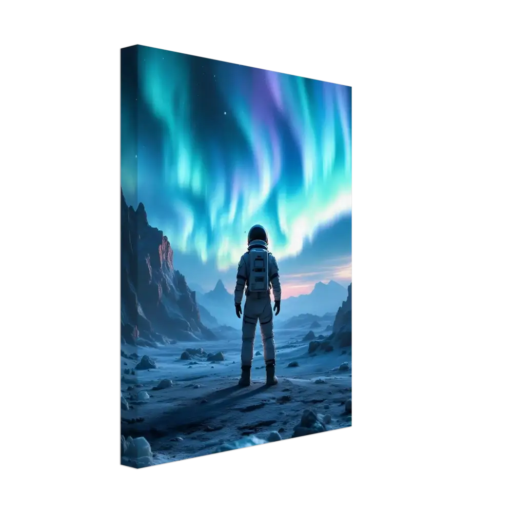 Astronaut canvas print under Aurora scene from PixiOnyx Frozen Orbit Edition