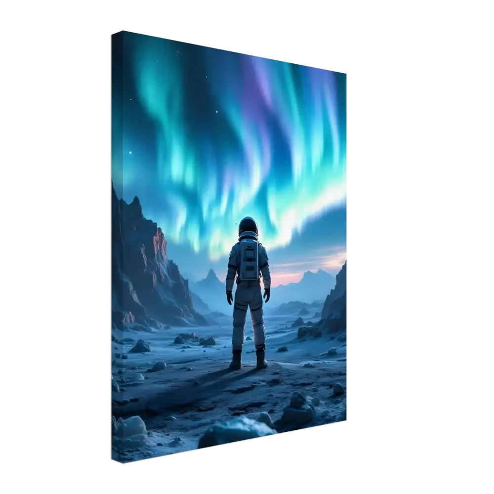 Astronaut gazing at vibrant Aurora Borealis in Canvas – Astronaut Under Aurora by PixiOnyx