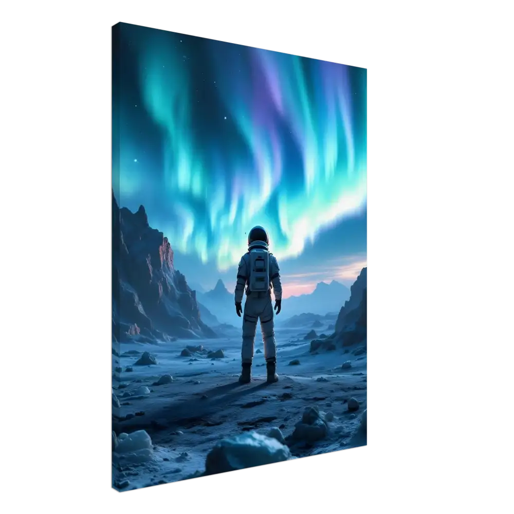 Astronaut gazing at Aurora Borealis Canvas Print from PixiOnyx Frozen Orbit Edition