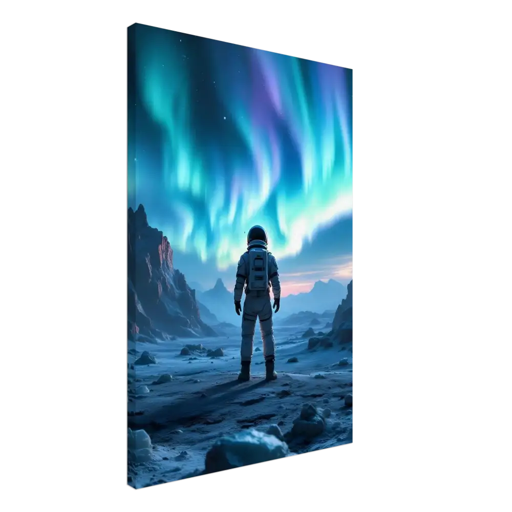 Astronaut gazing at aurora borealis canvas print in PixiOnyx Frozen Orbit Edition