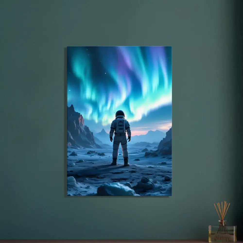 Astronaut gazing at Aurora Borealis canvas print from PixiOnyx Frozen Orbit Edition