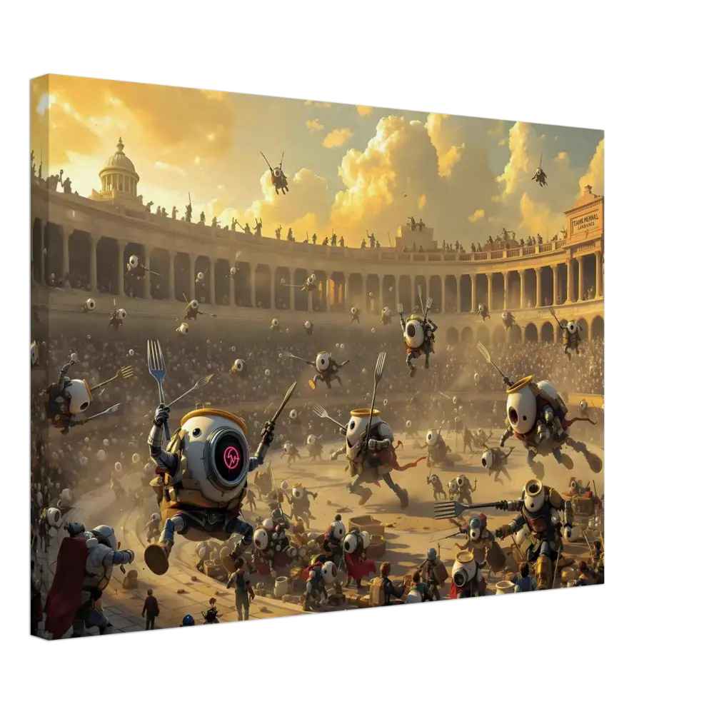 Robotic gladiatorial combat scene from Canvas Battle of the Breakfast Bots PixiOnyx