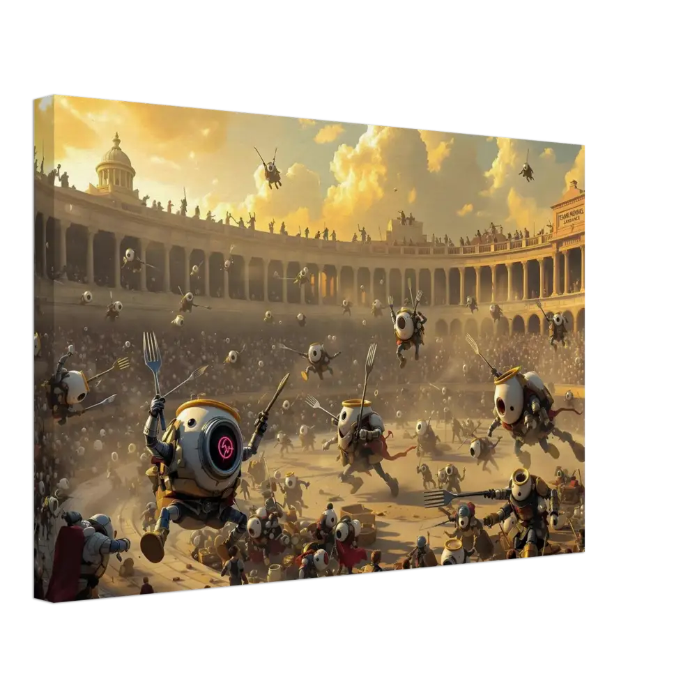 Robotic gladiatorial combat scene from Canvas Battle of the Breakfast Bots PixiOnyx Arena