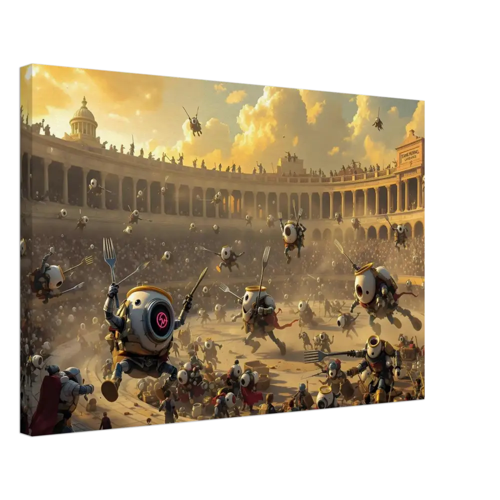 Robotic gladiatorial arena scene from Canvas Battle of the Breakfast Bots PixiOnyx Brunch Arena Wrap
