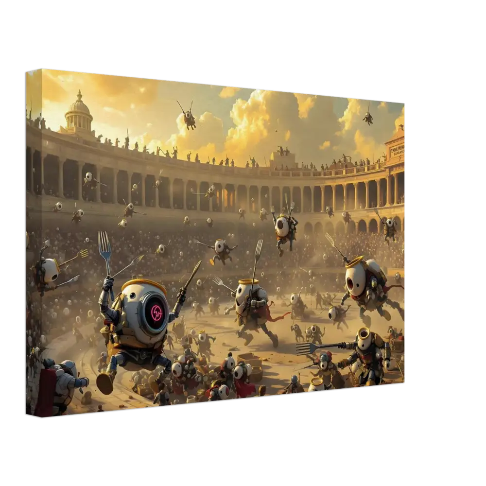 Canvas print of robot gladiators battling in a coliseum for PixiOnyx Brunch Arena Wrap