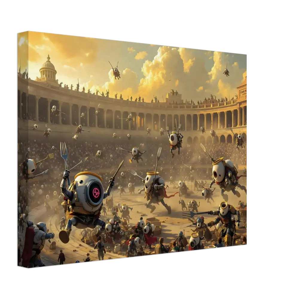 Robotic gladiatorial combat scene from Canvas Battle of the Breakfast Bots PixiOnyx Arena