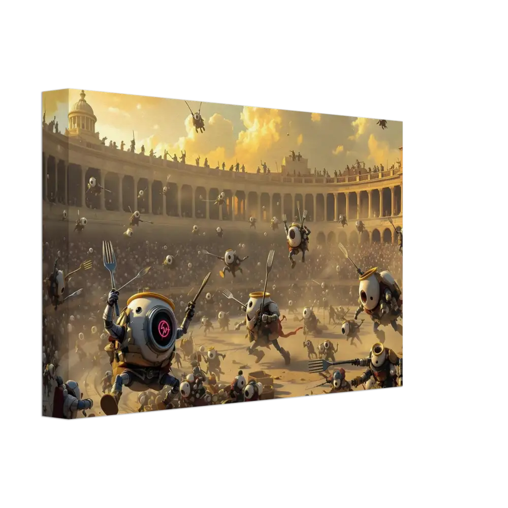 Robotic gladiators fighting in PixiOnyx Brunch Arena Wrap for Canvas Battle of the Breakfast Bots