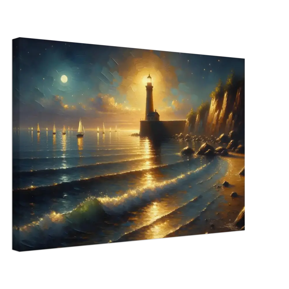 Coastal lighthouse painting on Canvas – Beacon of the Quiet Tide by PixiOnyx Painterly Dreamscape