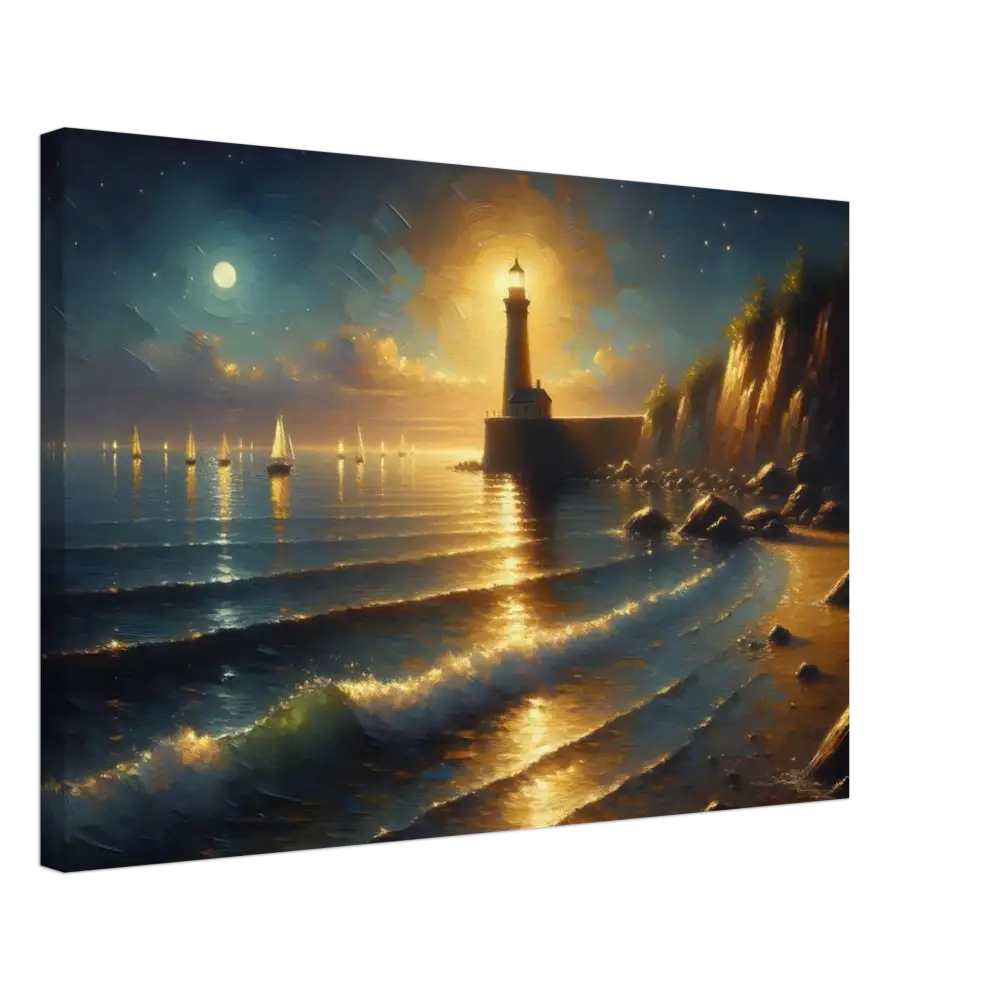 Lighthouse painting with moonlit ocean on Canvas – Beacon of the Quiet Tide by PixiOnyx