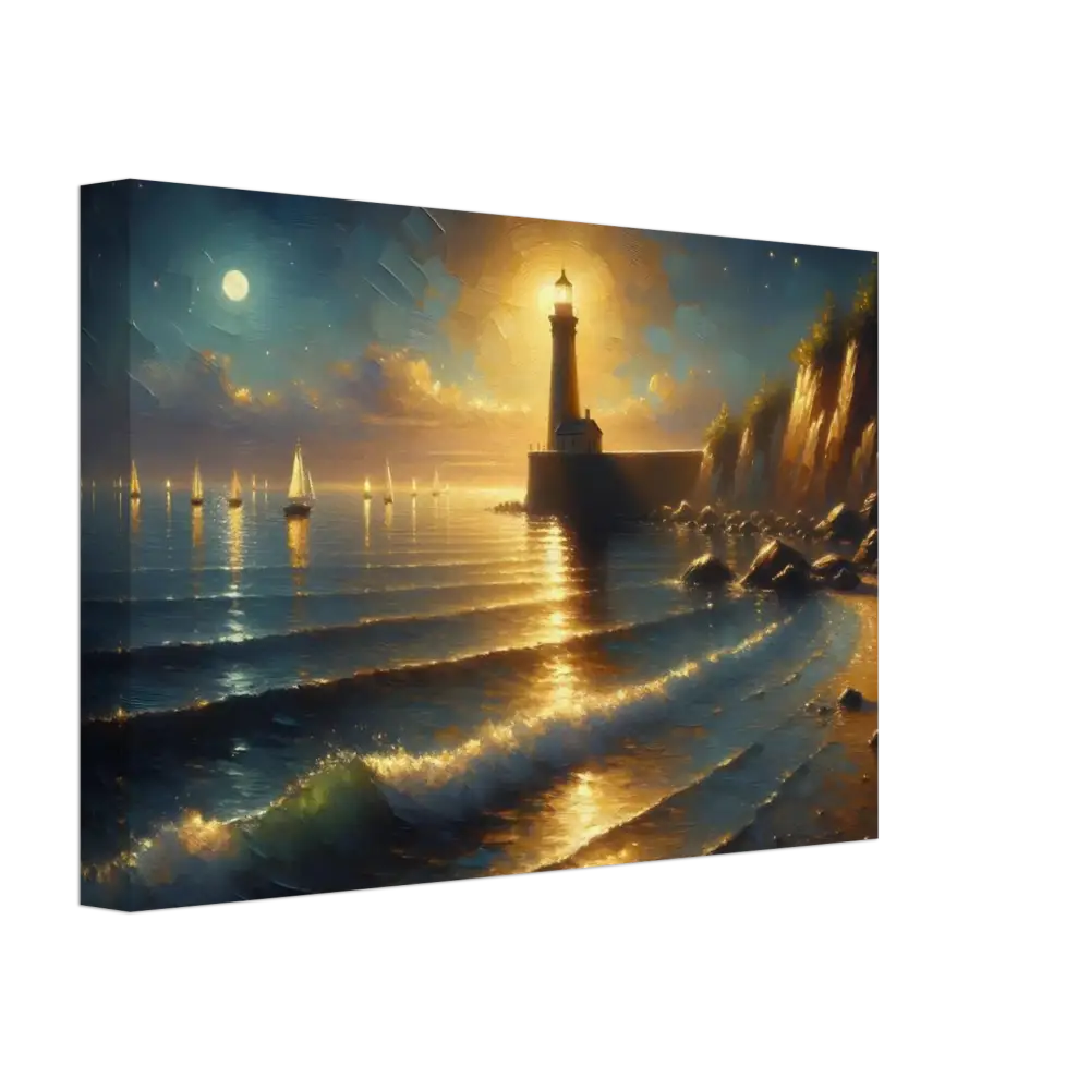 Coastal lighthouse painting on Canvas – Beacon of the Quiet Tide by PixiOnyx Painterly Dreamscape