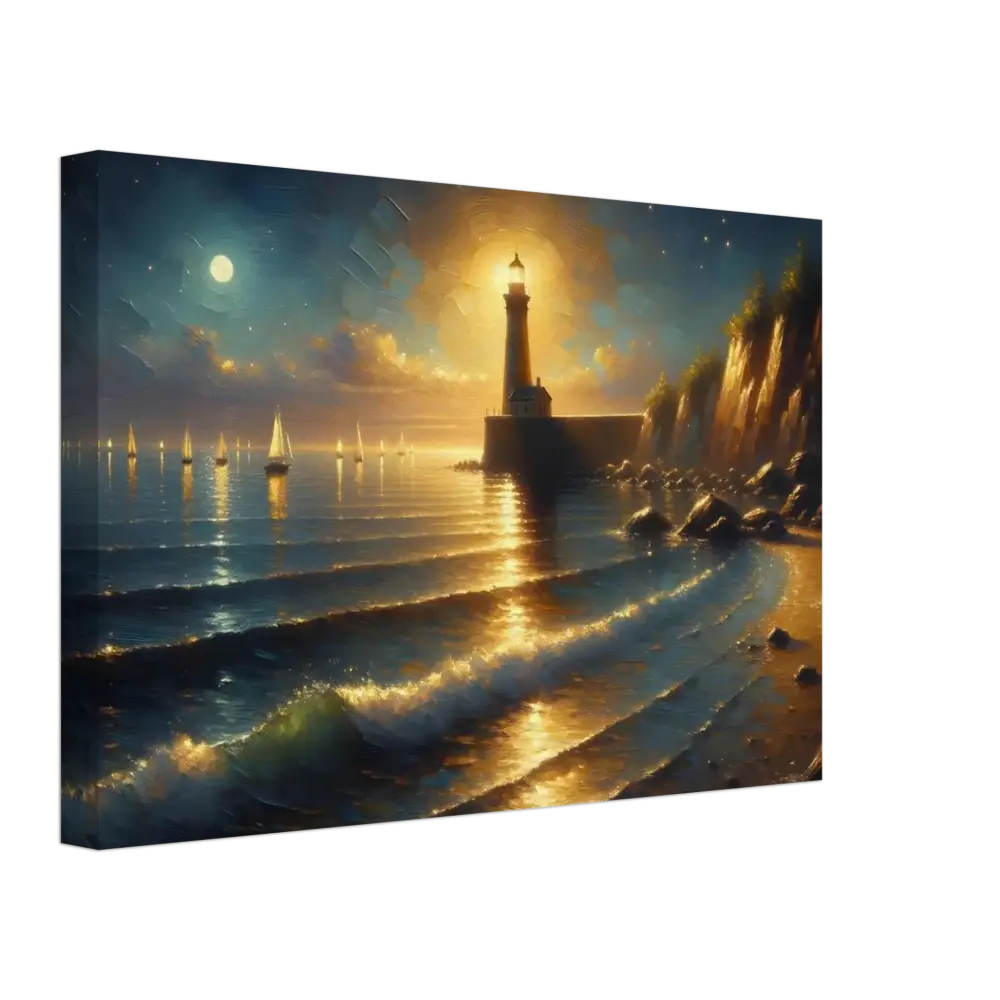 Coastal lighthouse painting on Canvas – Beacon of the Quiet Tide by PixiOnyx Painterly Dreamscape
