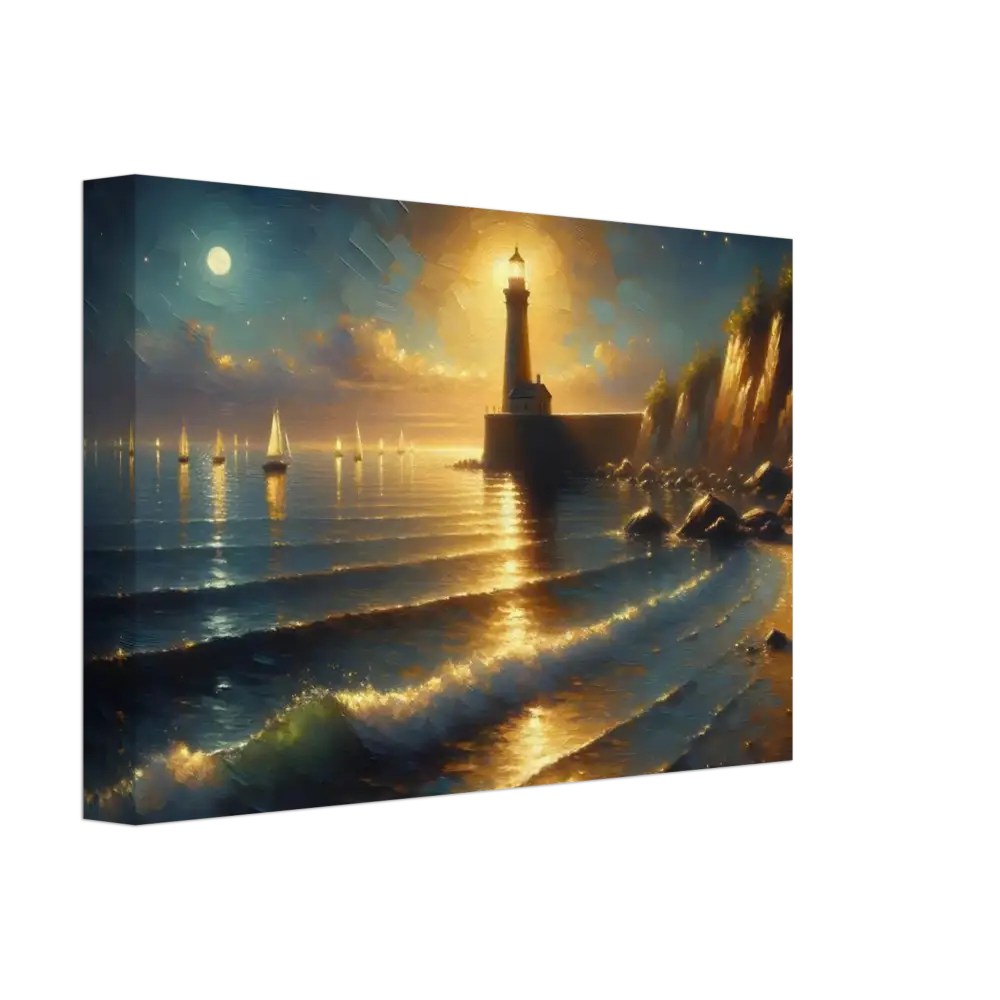 Lighthouse painting with sailboats in PixiOnyx Canvas Beacon of the Quiet Tide artwork