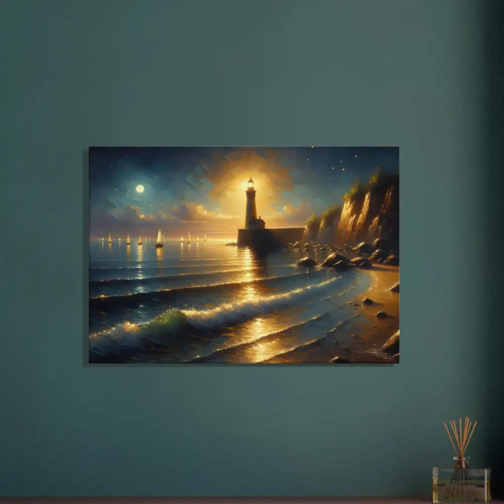 Lighthouse painting with moonlit ocean scene on Canvas – Beacon of the Quiet Tide PixiOnyx