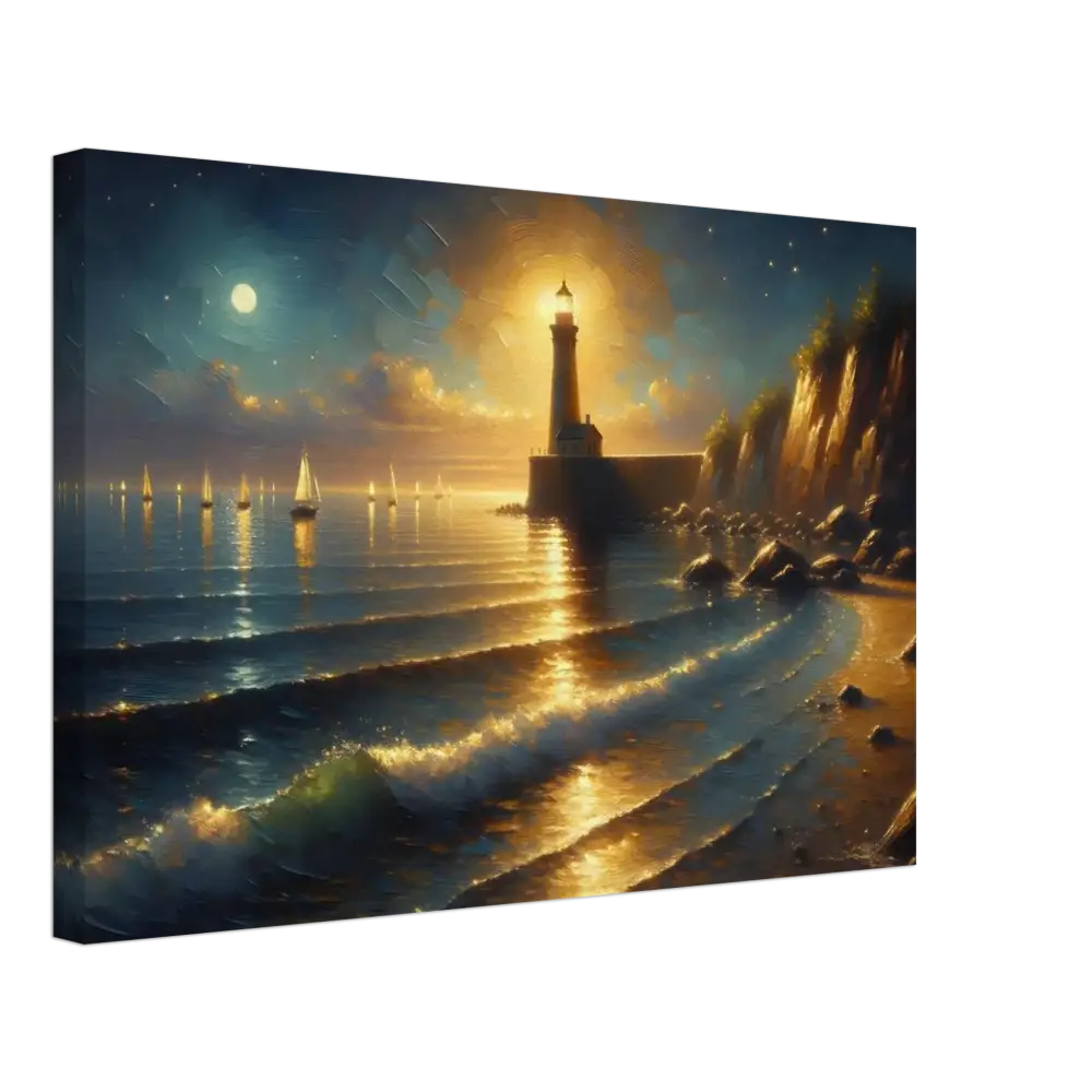 Coastal lighthouse painting displayed on Canvas Beacon of the Quiet Tide PixiOnyx Painterly Dreamscape