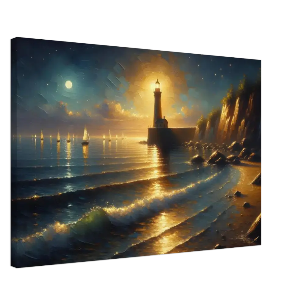 Seascape painting featuring a lighthouse on a tranquil shore for Canvas Beacon of the Quiet Tide