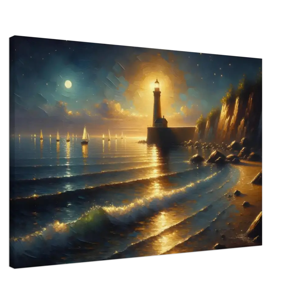 Lighthouse painting with moonlit ocean scene on Canvas – Beacon of the Quiet Tide by PixiOnyx