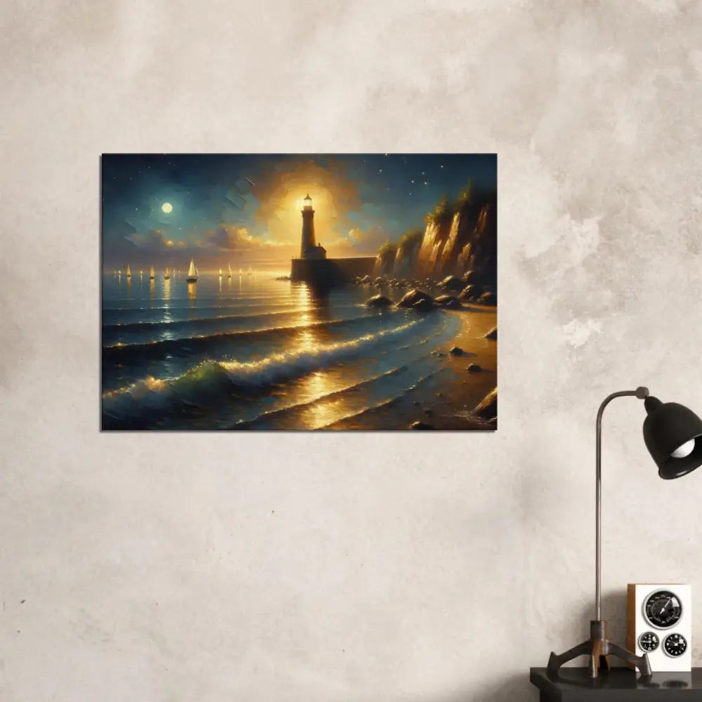 Lighthouse seascape painting on Canvas – Beacon of the Quiet Tide by PixiOnyx Painterly Dreamscape