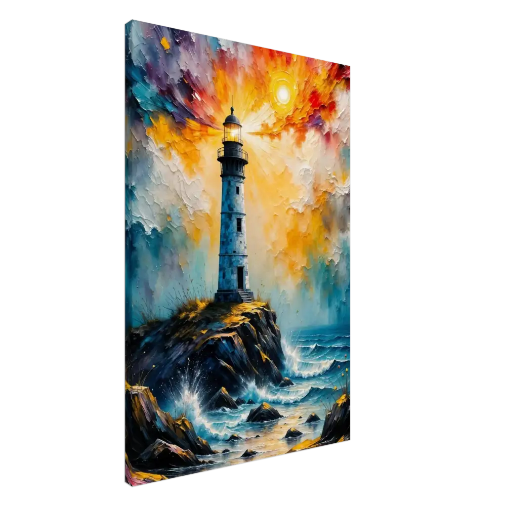 Vibrant impasto-style abstract lighthouse scene on GSM artist-grade cotton storm breaks loose sky