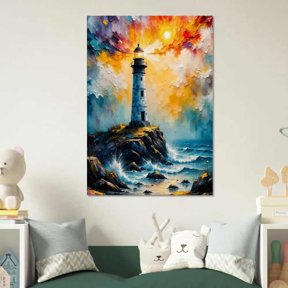 Abstract lighthouse scene on GSM artist-grade cotton canvas depicting storm breaks loose