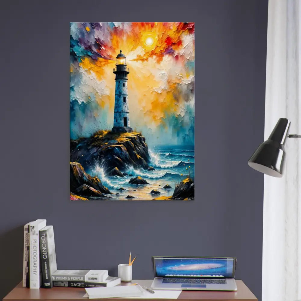 Vibrant abstract lighthouse scene on gsm artist-grade cotton canvas with storm breaks loose