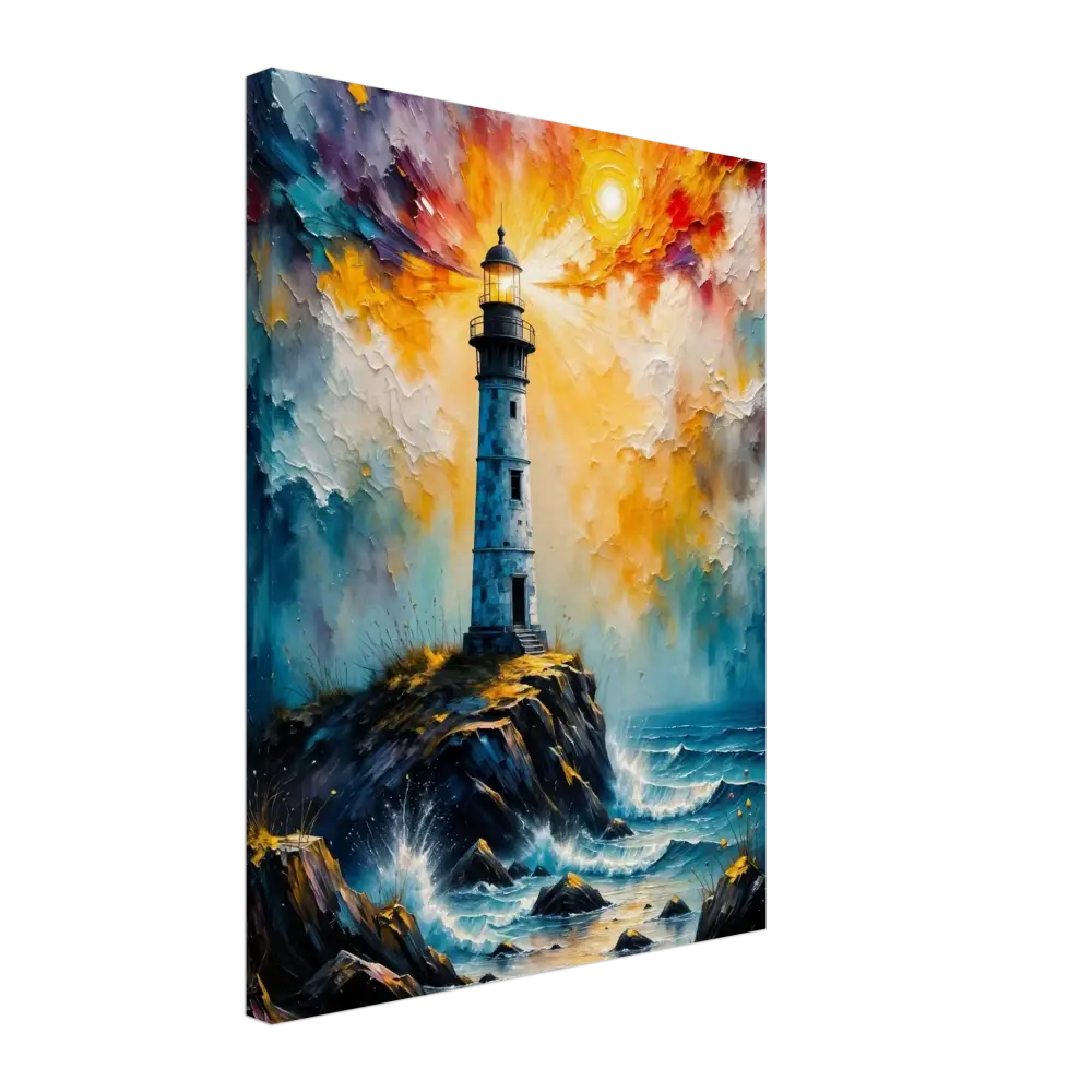 Impressionistic abstract lighthouse scene on GSM artist-grade cotton canvas during storm breaks loose