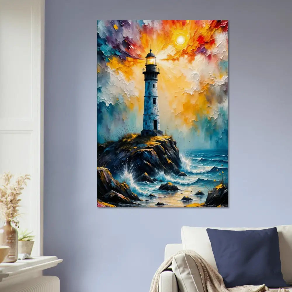 Abstract lighthouse scene on GSM artist-grade cotton with storm breaks loose and crashing waves