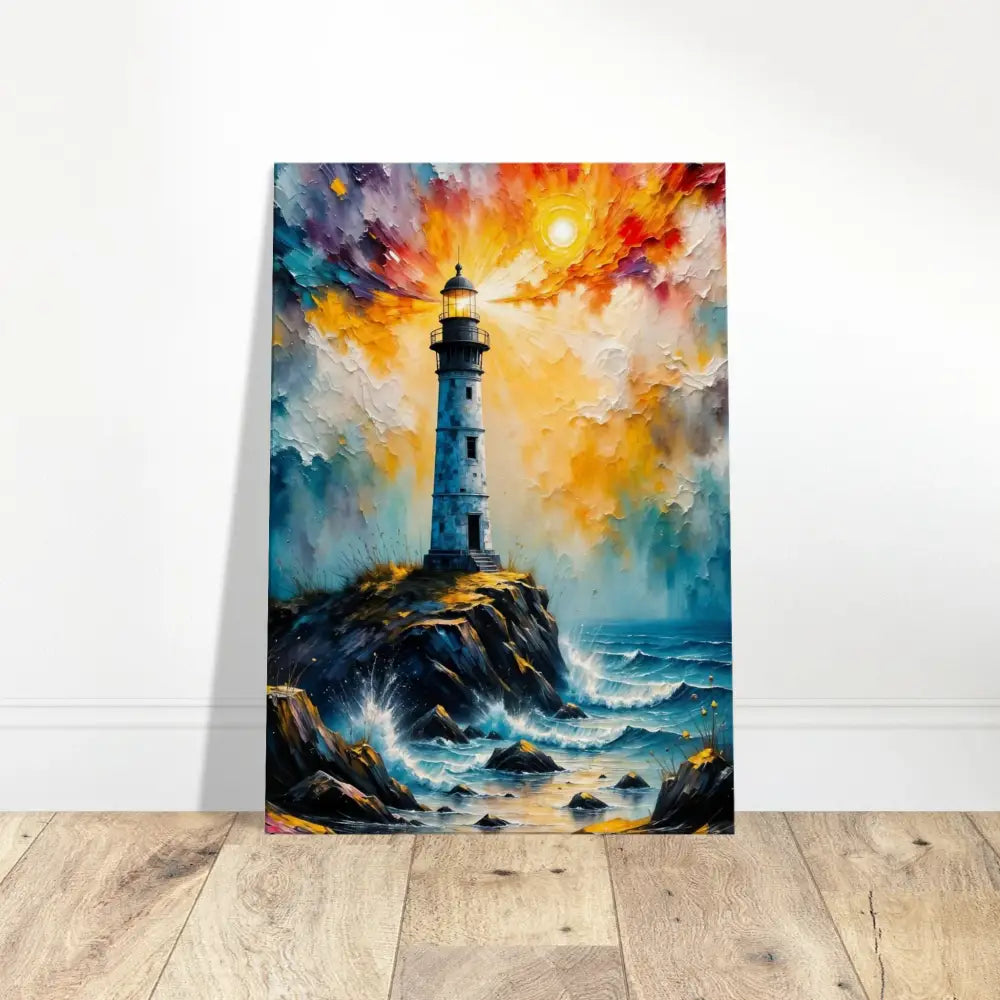 Vibrant abstract lighthouse scene on gsm artist-grade cotton at sunset during storm breaks loose