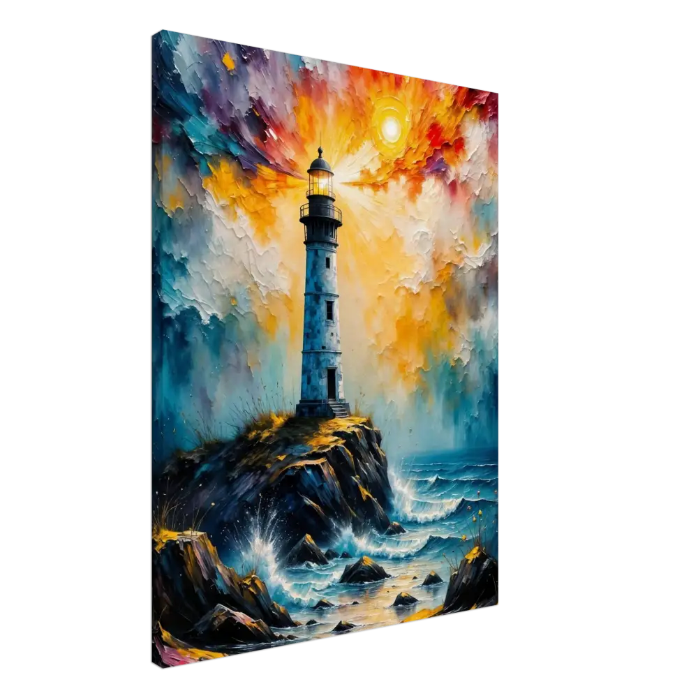 Abstract lighthouse scene on GSM artist-grade cotton canvas with storm breaks loose and crashing waves