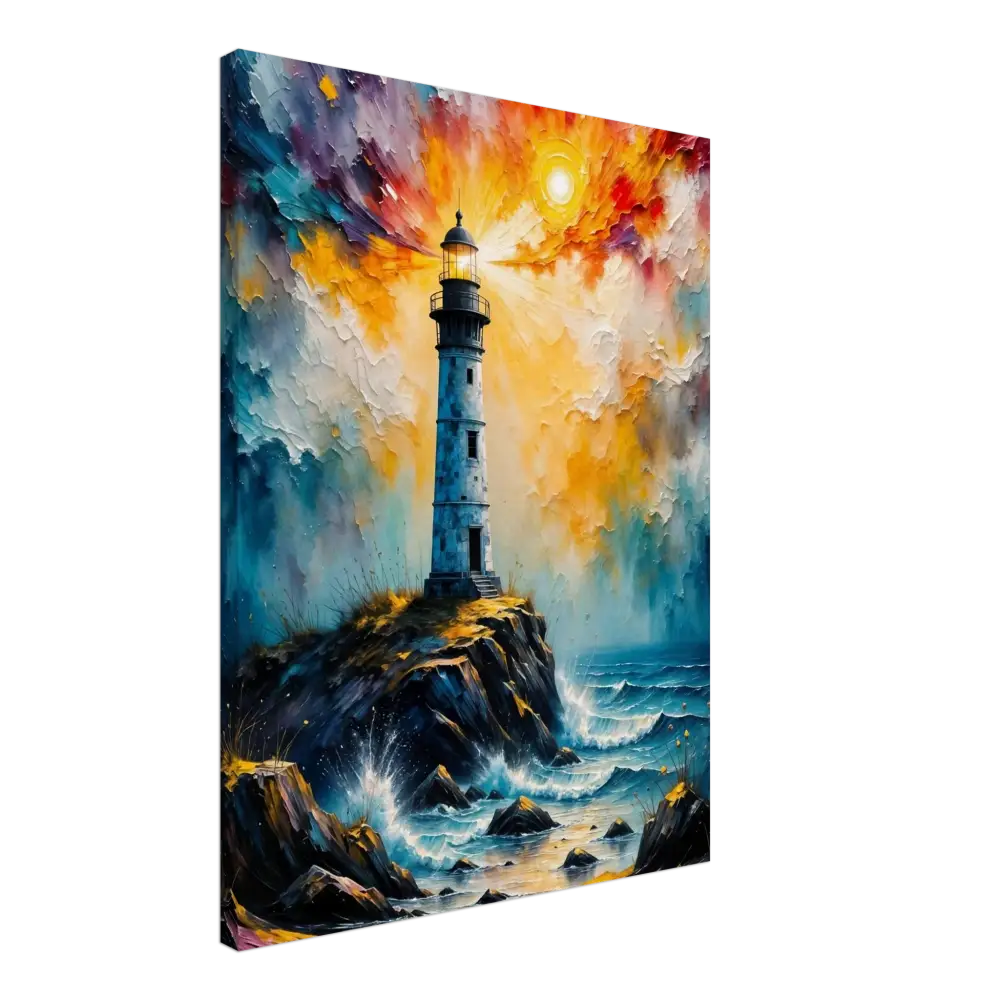 Abstract lighthouse scene painting on gsm artist-grade cotton with storm breaks loose sky