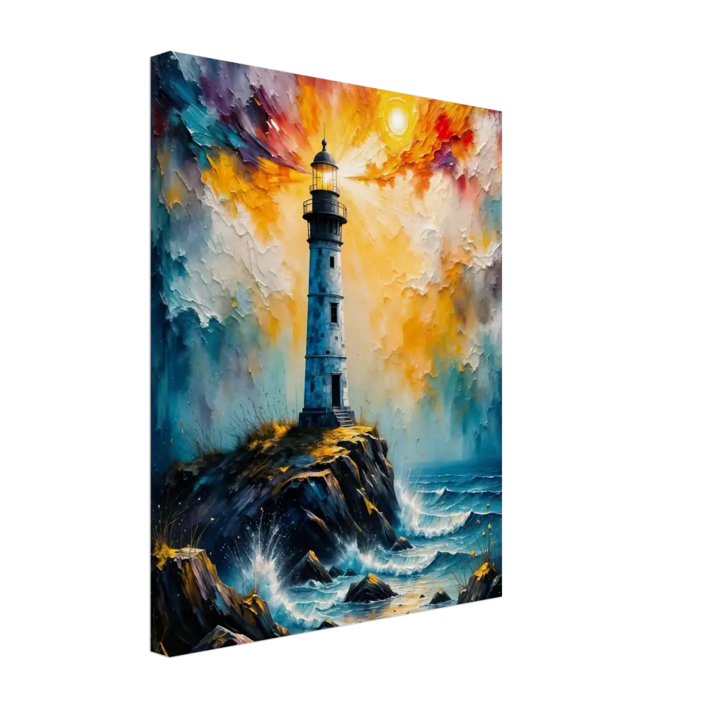 Impressionistic abstract lighthouse scene on gsm artist-grade cotton with storm breaks loose sky
