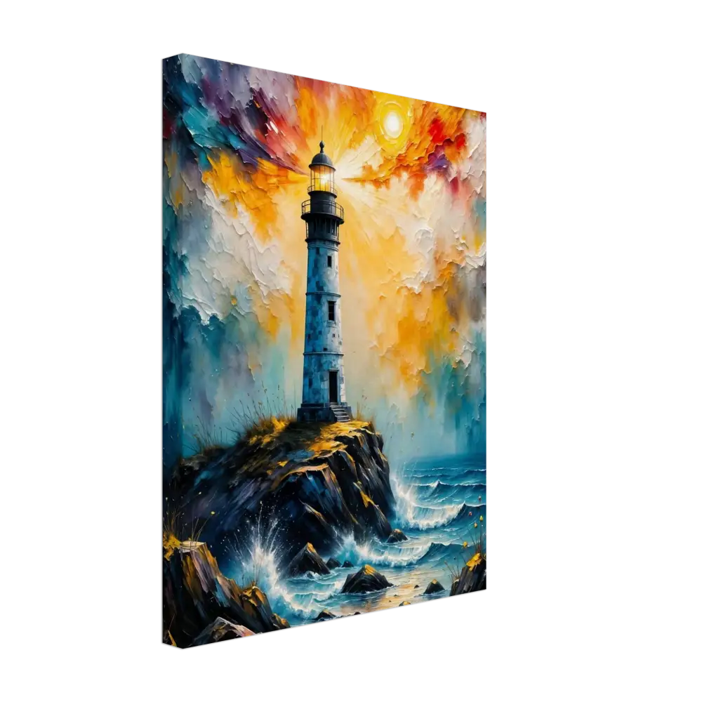 Impressionistic abstract lighthouse scene on gsm artist-grade cotton with storm breaks loose sky