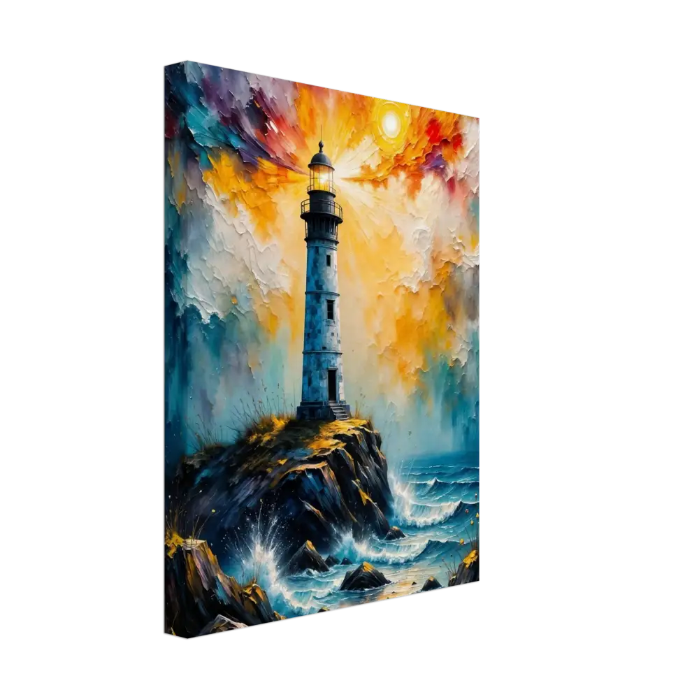 Vibrant abstract lighthouse scene on storm breaks loose rocky coast in PixiOnyx Canvas