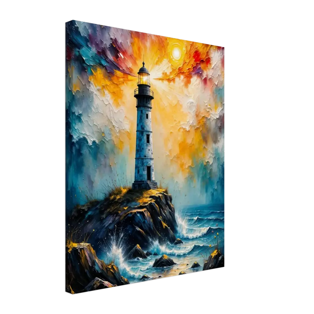 Vibrant oil painting of an abstract lighthouse scene on gsm artist-grade cotton with storm breaks loose sky