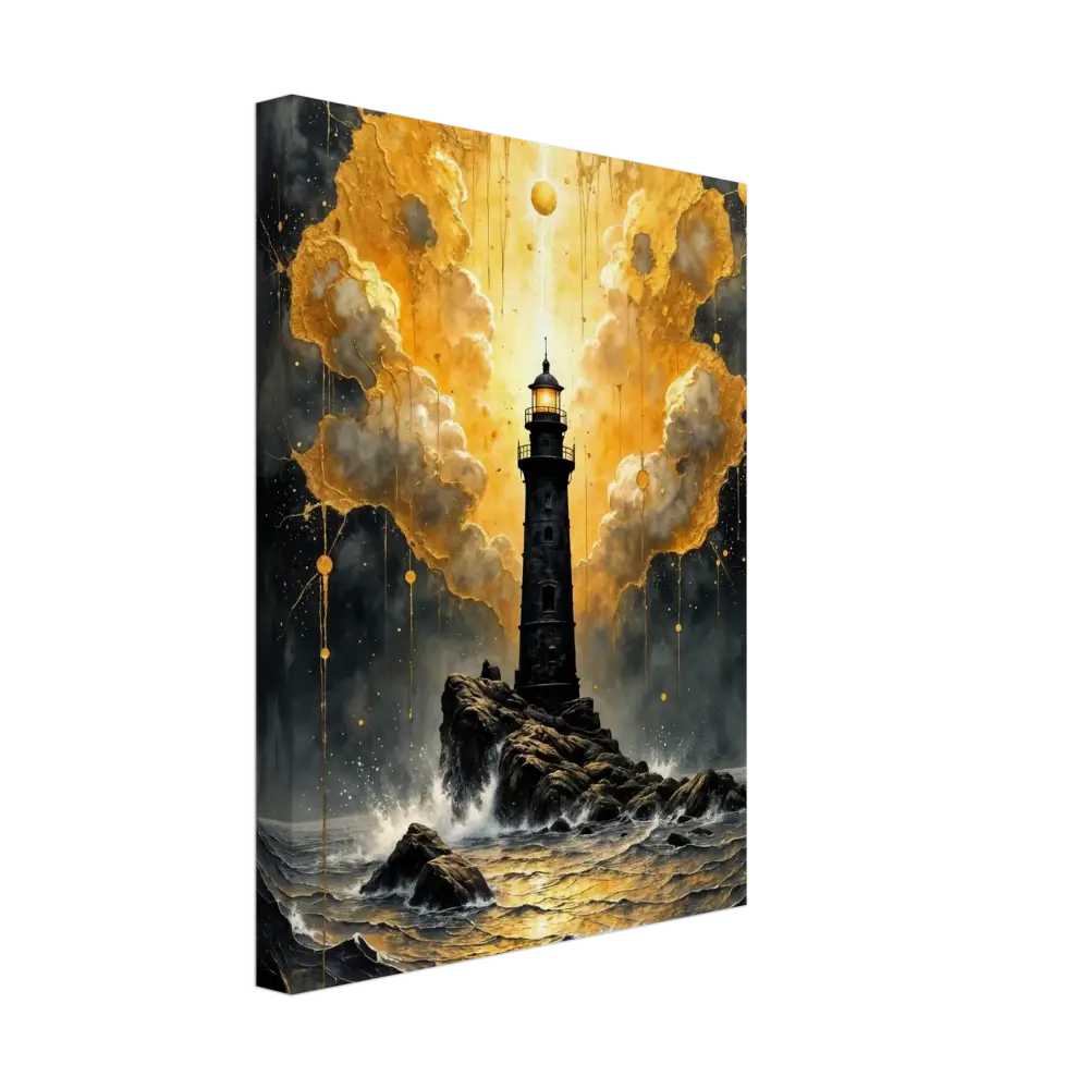 Gallery-wrapped canvas captures divine storm-charged beacon emerges on rocky outcrop during stormy sea