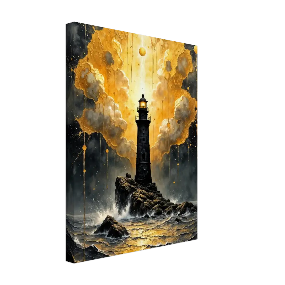 Gallery-wrapped canvas captures divine storm-charged beacon emerges on rocky outcrop with waves