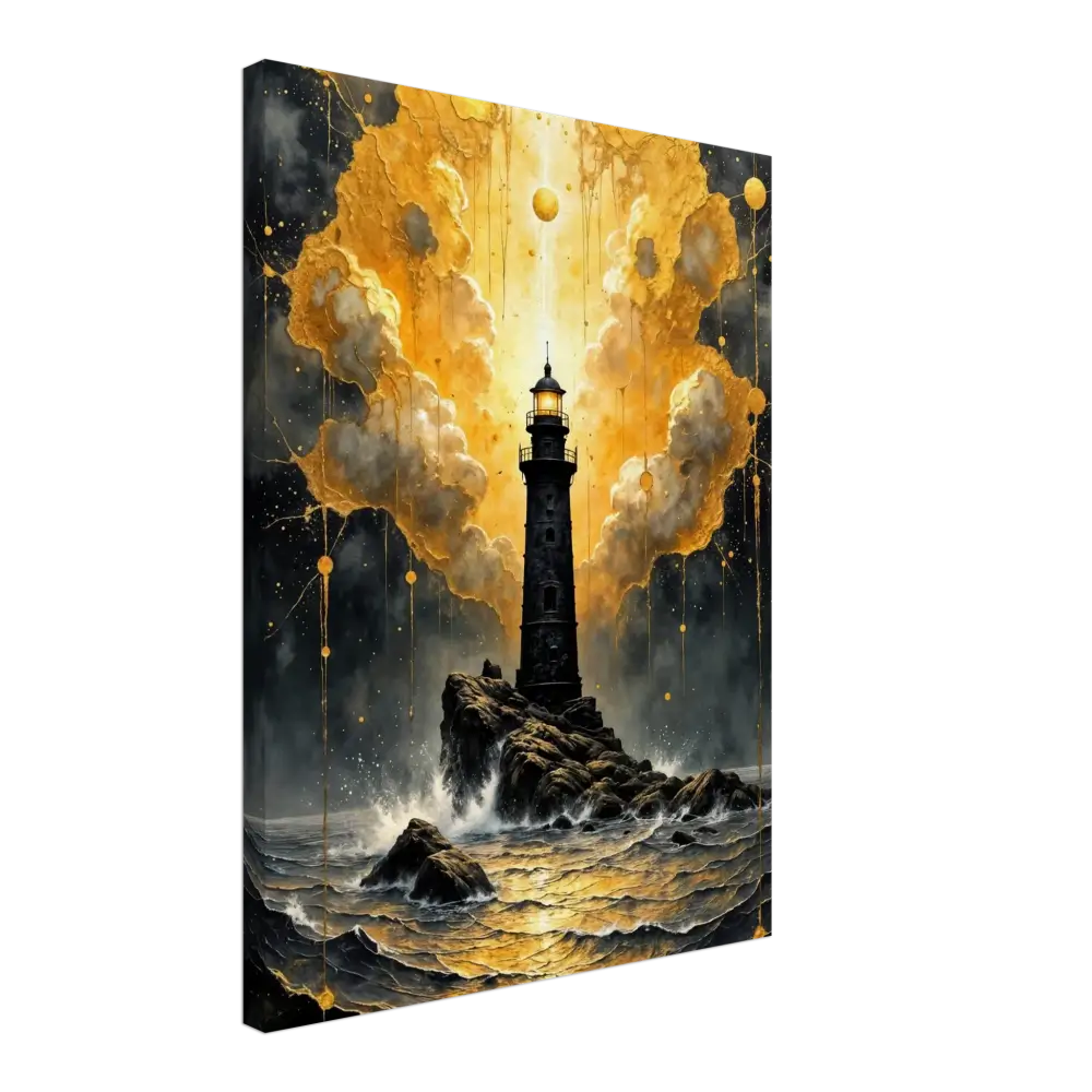 Gallery-wrapped canvas captures a storm-charged beacon emerges on rocky outcrop with swirling clouds