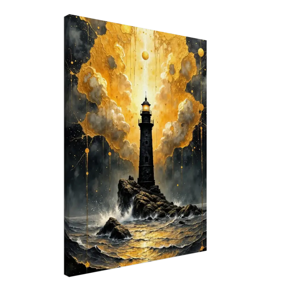 Gallery-wrapped canvas captures divine storm-charged beacon emerges on rocky outcrop at sunset