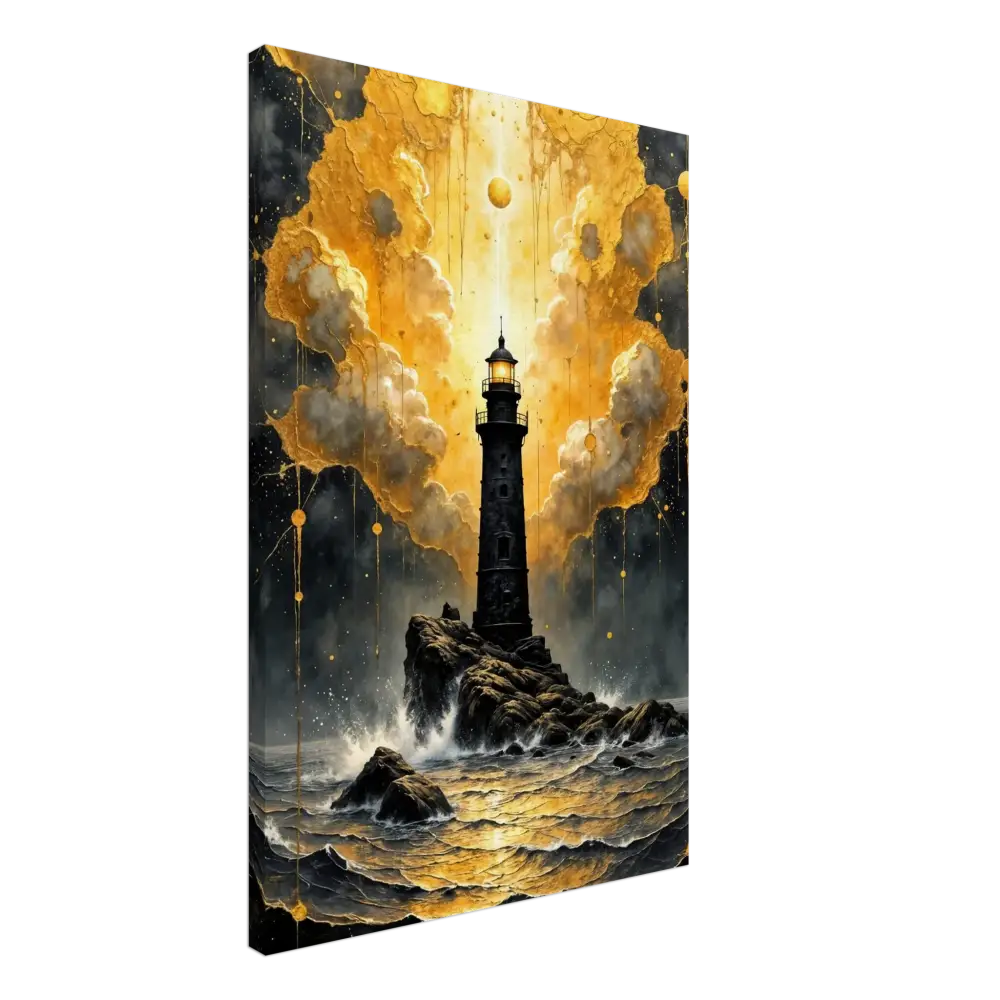 Gallery-wrapped canvas captures a storm-charged beacon emerges on rocky island at sunset