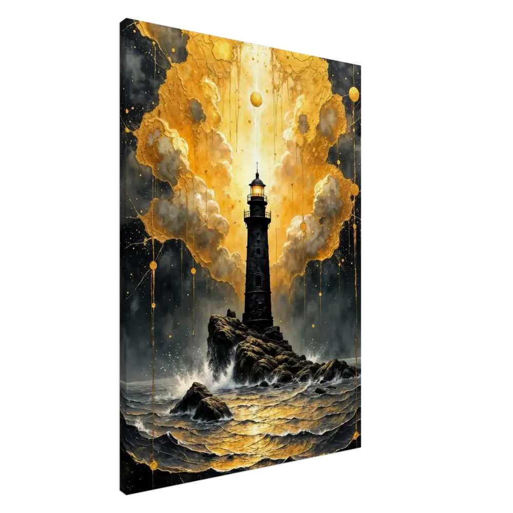 Gallery-wrapped canvas captures storm-charged beacon emerges on rocky sea in PixiOnyx Stormlight Gallery Piece