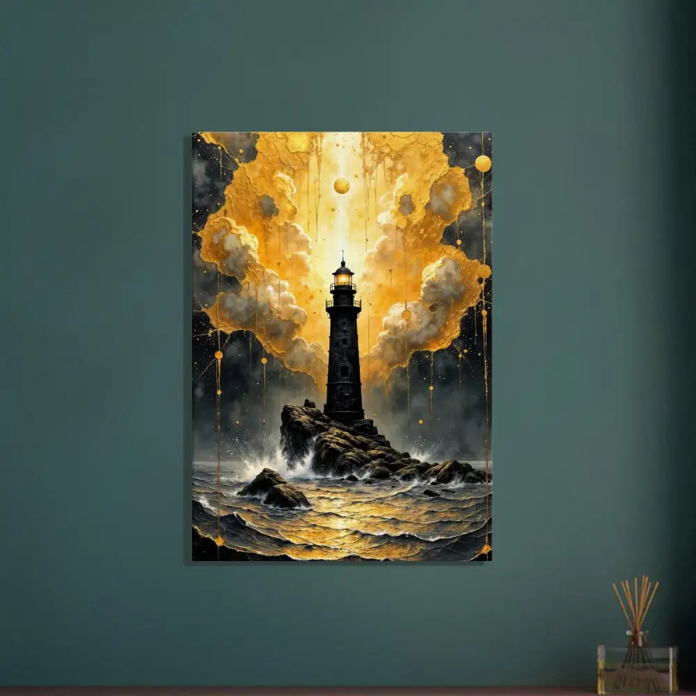 Gallery-wrapped canvas captures divine storm-charged beacon emerges on rocky outcrop during stormy sea