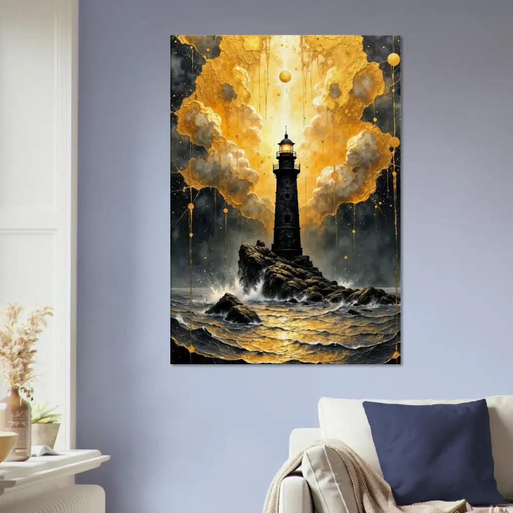 Gallery-wrapped canvas captures divine storm-charged beacon emerges on rocky coast under golden sky