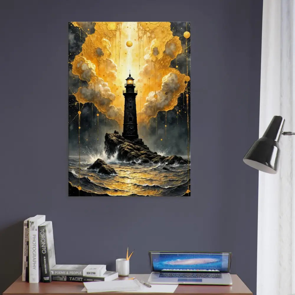 Gallery-wrapped canvas captures divine lighthouse on rocky outcrop under storm-charged sky