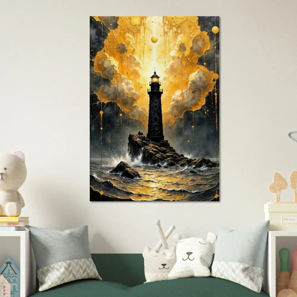 Gallery-wrapped canvas captures divine storm-charged beacon emerges on rocky outcrop with golden clouds