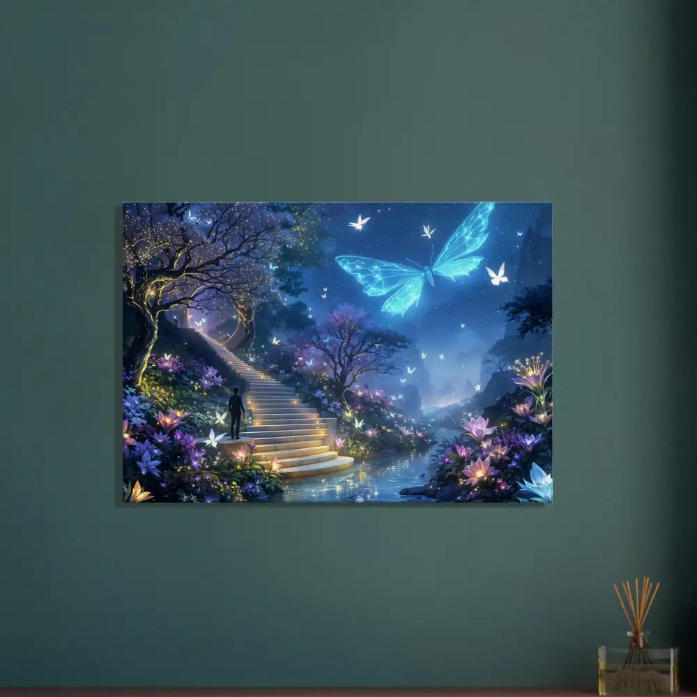 Canvas print of a magical forest scene with glowing blue butterfly in a luminous world captured dreamy piece features bioluminescent ambiance