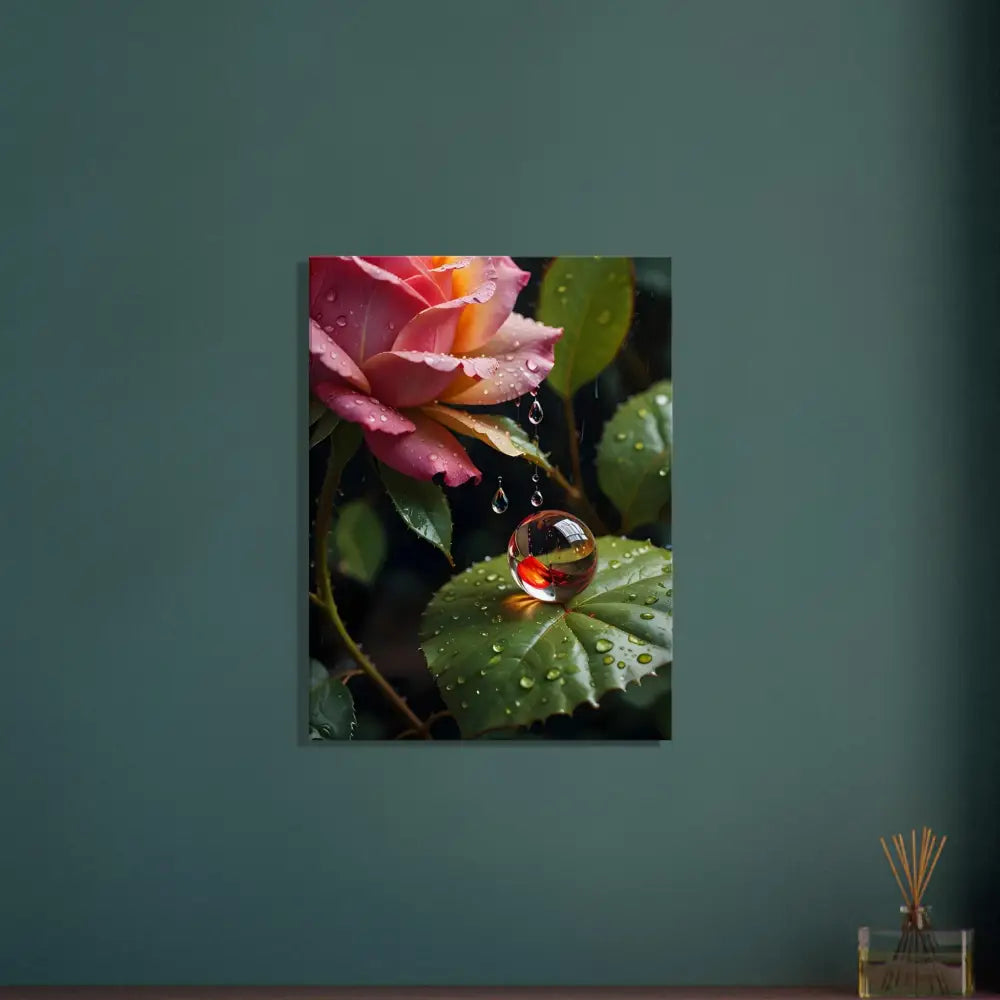 Rose with water droplets on marble surface in Canvas Blush Reverie PixiOnyx Botanical Daydream