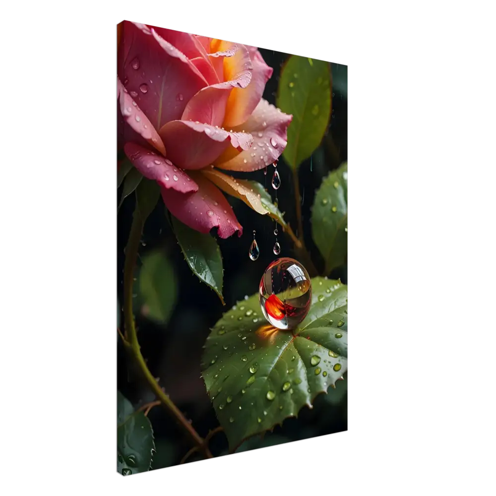 Dew-kissed pink rose with water droplet on leaf in Canvas Blush Reverie PixiOnyx Botanical Daydream